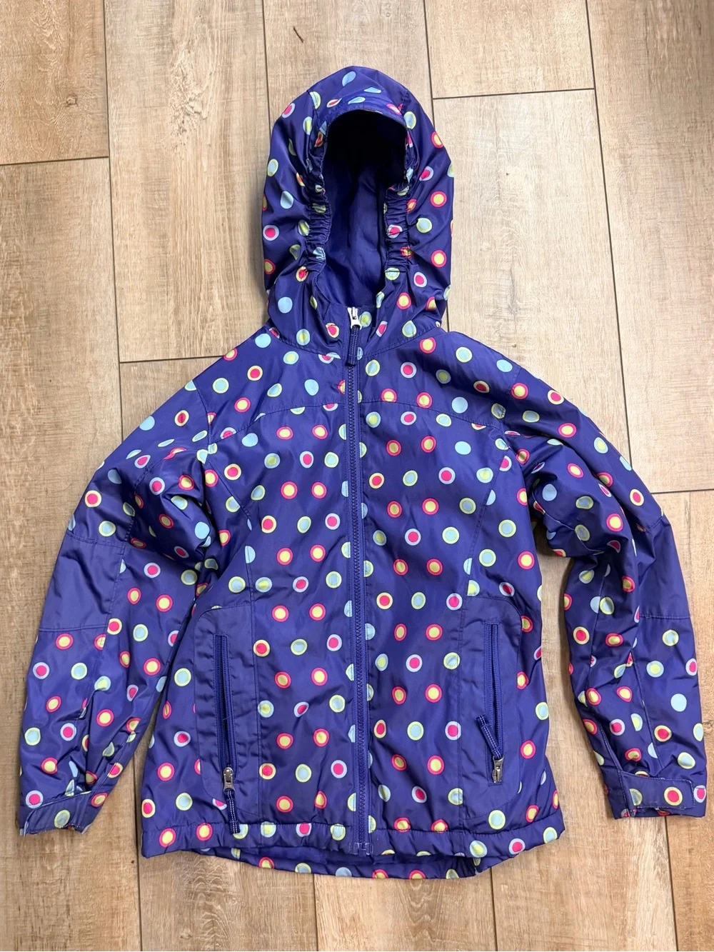 Kids Waterproof Hooded Jacket - Purple Polka Dot Size 7/8